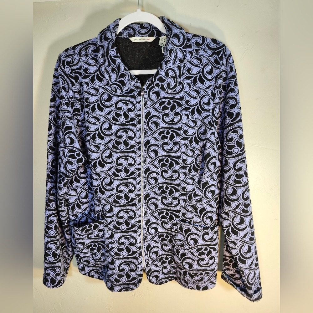 Isaac Mizrahi Live Periwinkle & Black Patterned Jacket Sz L